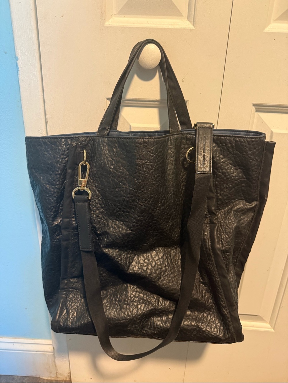 French Connection Black Textured Leather Tote with Shoulder Strap